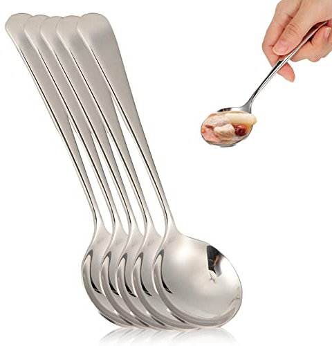 Cucharas de Mesa Set de 5 Piezas, cucharas soperas, sopa redondas de acero inoxidable para el hogar, cocina o restaurante 16 x 4.3 cm(Silver)