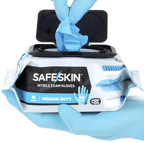SAFESKIN* Nitrile Disposable Gloves in POP-N-GO* Pack, Medium Duty, Medium Size, Powder-Free - For Food Handling, First Aid, Cleaning, Gardening, Crafting - Exam Gloves, 50-Count