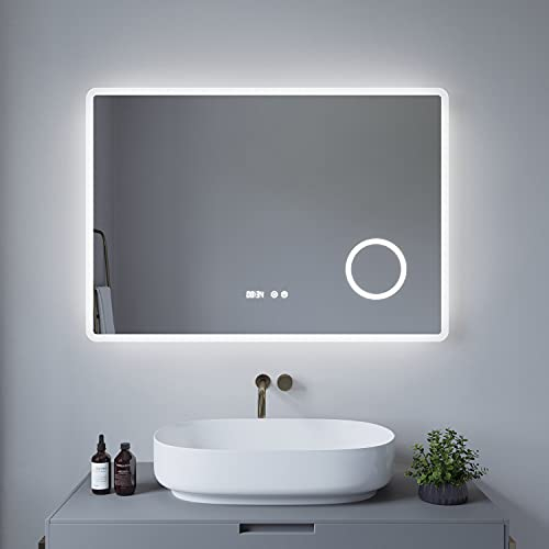 AQUABATOS® Badezimmerspiegel BORAS-Serie 100x70cm Typ D Badspiegel mit Beleuchtung Antibeschlag Kosmetikspiegel Schminkspiegel 3 Fach Vergrößerung Digital Uhr Touch Schalter Dimmbar Kaltweiß 6400K
