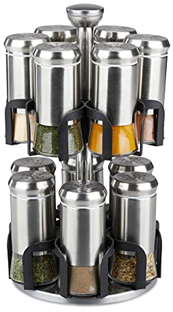 relaxdays Carrousel à épices, 12 Pots, Acier Inoxydable & Verre, Rotatif, Support à Herbes, Lave-Vaisselle, argenté/Noir