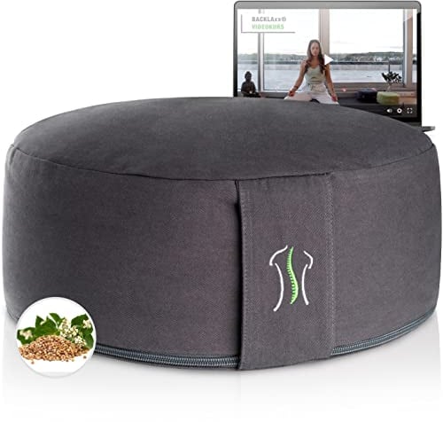 BACKLAXX ® Yoga Kissen, Meditationskissen XL 35cm [30% mehr Sitzfläche], 15cm hoch mit Buchweizenfüllung, perfektes Meditation Zubehör, Yogakissen rund inkl. Videokurs - Pouf Sitzkissen Boden