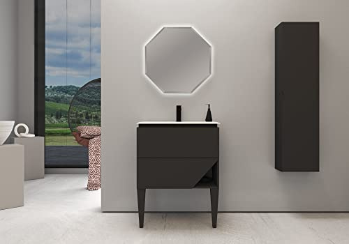 Mueble de baño negro grafito, 70 cm, base con lavabo y espejo LED