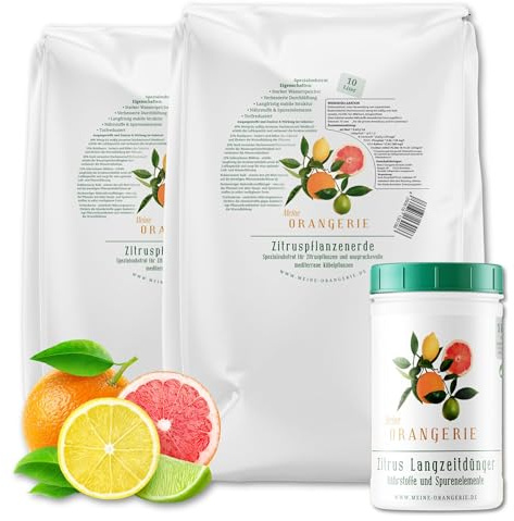 Meine Orangerie Zitrus-Umtopf-Paket - Beste Zitruserde [20l] + Zitrus-Langzeitdünger [1kg] - für kinderleichte Zitruspflanzen-Pflege oder Pflanzenrettung mit Not-Umtopfung