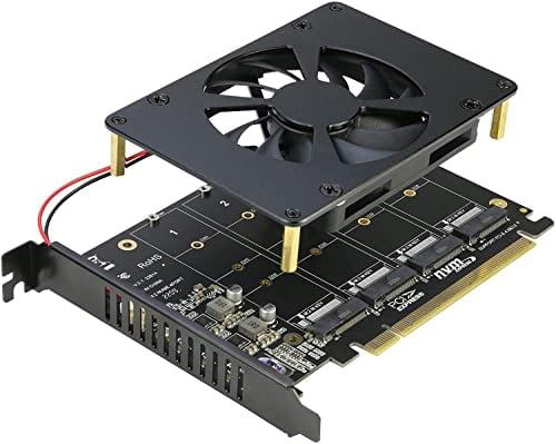 Quad NVMe PCIe Adapter, RIITOP 4 Ports M.2 NVMe SSD auf PCI-e 4.0/3.0 x16 Karte mit Lüfterunterstützung 2280/2260/2242/2230 NVMe SSD (PCI-e Verzweigung erforderlich)