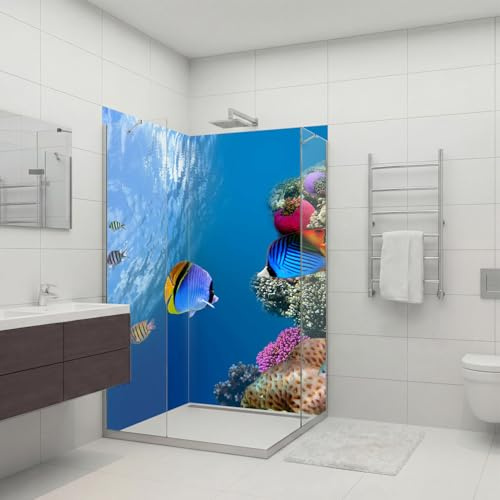 dedeco Eck-Duschrückwand wasserfest Motiv: Ozean V8, UV-Lack glänzend, 2 x 80x200 cm, als Badrückwand zum Fliesenersatz, als Dekorwand, Wandverkleidung und Duschplatte aus Aluminium - Made in Germany