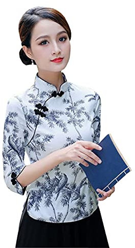 YLfly Chemisier pour femme Qipao col mandarin chemise chinoise chemisier grenouille bouton, blanc, 40