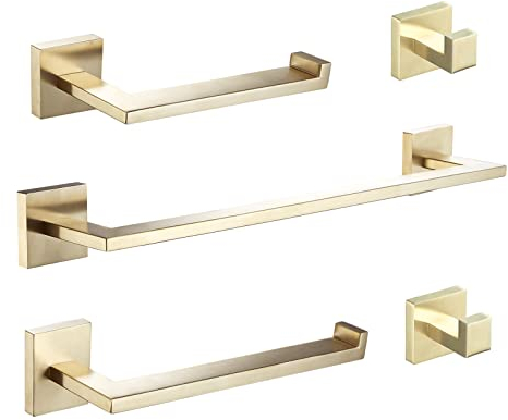 Beelee Badezimmer-Zubehör-Set Gold Hardware Set – Handtuchhalter + Handtuchring + Toilettenpapierhalter + 2 Handtuchhaken, SUS Edelstahl Wandmontage, BA203BG-5