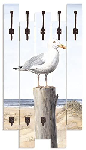 ARTLAND Wandgarderobe Garderobenpaneel Holz mit 8 Haken 63x114 cm Design Garderobe mit Motiv Maritim Tiere Vogel Möwe Strand Meer Natur T4NN