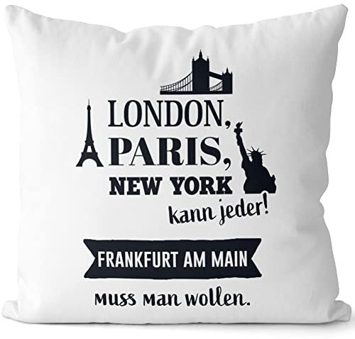 JUNIWORDS Kissen, London, Paris, New York kann jeder! Frankfurt am Main muss Man wollen, Weiß-Dunkelrot, 2-farbig (1009444)