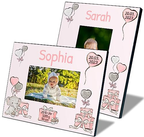 True Statements Baby Bilderrahmen für Fotos 10x15 cm personalisiert mit Namen & Geburtsdaten „Elefantenbaby“ – Fotorahmen Mädchen Jungen – Geschenk zur Geburt Taufe Geburtstag (Rosa, Hochformat)