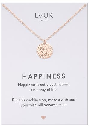 LUUK LIFESTYLE Halskette mit hammered Coin I durchlöchriger Vollmond, Damenschmuck in Boho Motiv, Geschenkidee mit HAPPINESS Spruchkarte, verstellbare Kettenlänge, 50cm, Modeschmuck, Roségold