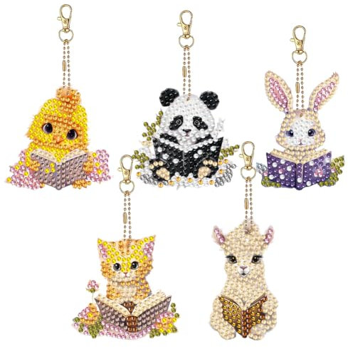 BIOSA 5 Pcs Art Keyring Animal Reading Double Sided Rhinestone Painting Keychain Pendant Garden Gnome Art Keychain Pendant Mushroom for Birthday Crafting Home Party Decor