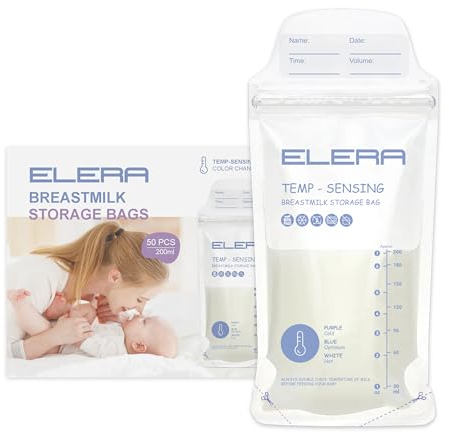 50 PCS Breast Milk Storage Bags, Temp-Sensing Colour Change, 200ml Leakproof Double-Zip Breastfeeding Bags for Freezer & Fridge Use