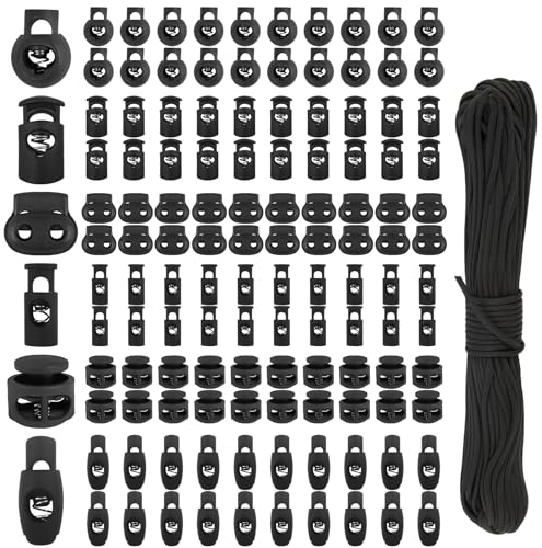 Samulee 120 Stück Kordelklemme Kordelstopper Schwarz 5mm/7mm/8mm/10mm, 6-Stile Schnurstopper für Jacke, Sportkleidung, Rucksack, Gummikordel Stopper Kordeln