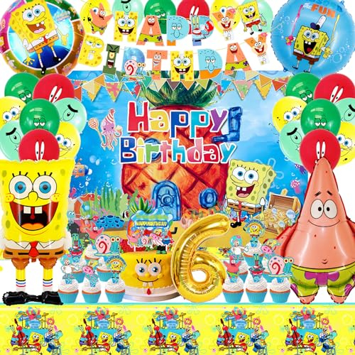 SABAN Spongebo Deko Kinder Set, Spongebo Geburtstag Deko 6 Jahre, Spongebo Schwammkopf Themen Ballon mit Banner,Tortendeko,Tischdecke,Hintergrund, Geeignet für Party Dekoration für Jungen und Mädchen