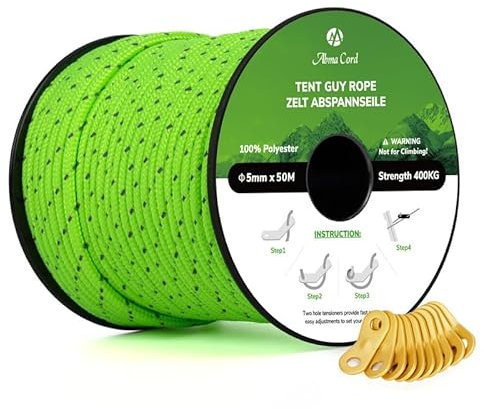 Abma Cord Tent Guy Ropes 5mm 50M Guy Line 10 Pcs Guy Rope Tensioners Heavy Duty Guide Rope for Camping, Gazebos, Awning, Tarp - Reflective Neon Green