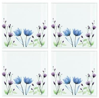 Juego de posavasos florales – Cuadrado de vidrio azul y morado flores y follaje – Juego de cuatro (4) posavasos