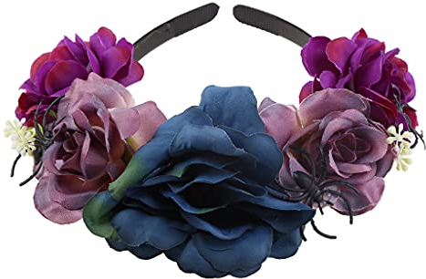 Feen-Stirnband für Halloween, Tag der Toten, blühende Rose, Blumenmuster, gruseliger Totenkopf, Festival, Party, Haarreif, Kopfschmuck, Haarnadel, Haarschmuck für Frauen und Mädchen, Haargummis für
