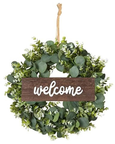 YQBFTC Türkranz Künstliche Eukalyptus,45CM Eukalyptus Kranz mit Willkommensschild,Türkranz Frühling Sommer Außen Modern Deko zum Aufhängen,Türkranz Ganzjährig Deko für Haustür Hochzeit Bauernhaus Flur