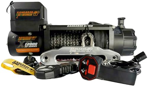 KANGAROO WINCH Schnelle Elektrische Seilwinde 12V mit Funkfernsteuerung - 12 000 lbs Zugkraft - Langlebiges Kunststoffseil - Perfekt für Offroad - 4x4 Forst- und Nutzfahrzeuge (K12000XP)