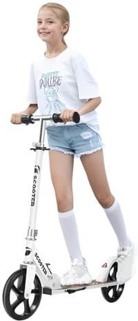 Scooter for Kids Ages 8-12,Adjustable Foldable with Carry Strap and Rear Brake|200mm Big Wheels City Scooter for Kids Ages 6+ (White)