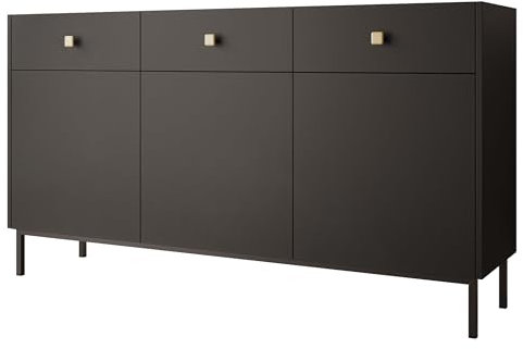Mirjan24 Kommode Nutero 3D3SZ mit 3 Schubladen und 3 Türen, quadratische Metallgriffe, Highboard, Anrichte, Sideboard, Mehrzweckschrank, Wohnzimmerschrank (Schwarz)