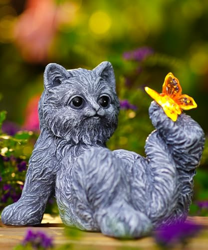 Yeomoo Katzen Figuren mit Schmetterlinge Solar Gartendeko - Lustig Katze Solar Figuren Deko für Außen Geschenke für Frauen Mama Männer Geburtstagsgeschenk Wetterfest Balkon Zimmer Terrasse Deko
