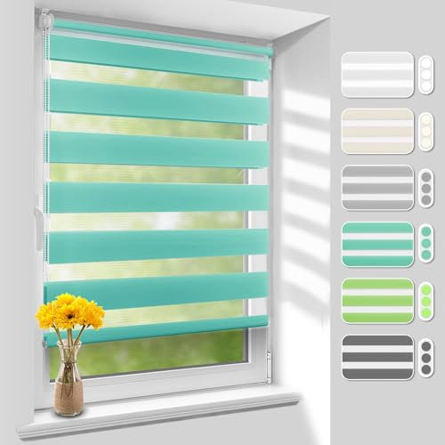Homland Doppelrollo Klemmfix ohne Bohren B75 x H130 cm(Stoffbreite 70cm) Türkis, Duo Rollo, Rollo Klemmrollos lichtdurchlässig & verdunkelnd, Verstellbar Fensterrollo Sonnenschutz