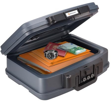 Brihard zertifizierte Dokumentenkassette 2125N, A4 - wasserdichte & feuerfeste Dokumentenbox mit Zahlenschloss, für Wertgegenstände & Dokumente, tragbarer Safe mit Griff – H 16,5 x B 44 x T 36,8 cm