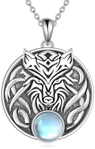 YFN Wolf Halskette Sterling Silber Anhänger Celtic Knot Wolf Mond Schmuck Geschenk für Männer Frau Mädchen (Silberwolf Halskette 4)
