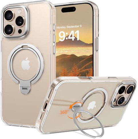 YINLAI für iPhone 16 Pro Max Hülle mit 360° Ständer Ring Kompatibel mit Magsafe,Magnetisch Militärschutz,Matt Rückseite Case Cover HandyHülle für iPhone 16 Pro Max 6.9,Transparent Klar
