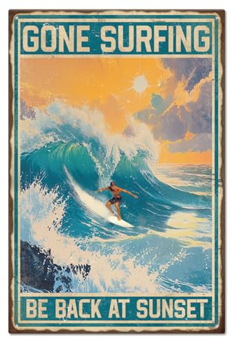 GLOBLELAND Sommer Surfen Frau Retro Blechschild Pin Up Lady 12×8 Zoll Lustige Schilder Gone Surfing Vintage Metallschild Für Strand Küste Pool Reisen Badezimmer Surfen