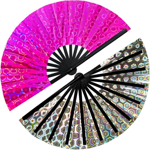 prario 1 x Ventilator mit Stiefeln auf dem Boden, 2025 New Line Dance Popping Fan, holografische Diamant-Hot Pink, Laserfarben, Handfächer, Klatschfächer für Line Dancing, Clack Hand-Rave-Fächer, groß