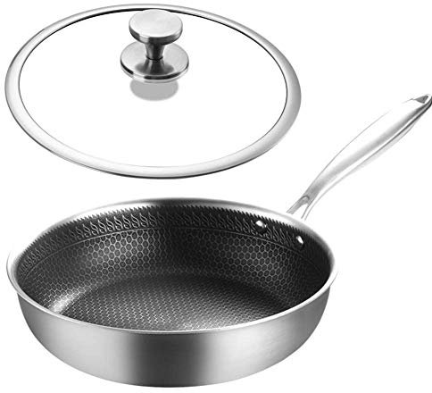 NTALJC Pfanne, Pfannen an Braten, Wok, 28 cm, kühner Edelstahl-Gasküchenküchen mit Glasdeckel, Nicht scanntem Griff, geeignet für alle Wärmequellen. Einfach zu reinigen Edelstahl Wok