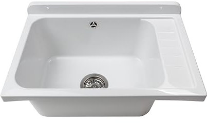 Negrari Piloto de pared de polipropileno con piletón de metal, resistente a la intemperie, kit de fijación y kit de desagüe incluidos, 58 L x 38 P x 21 H cm, blanco