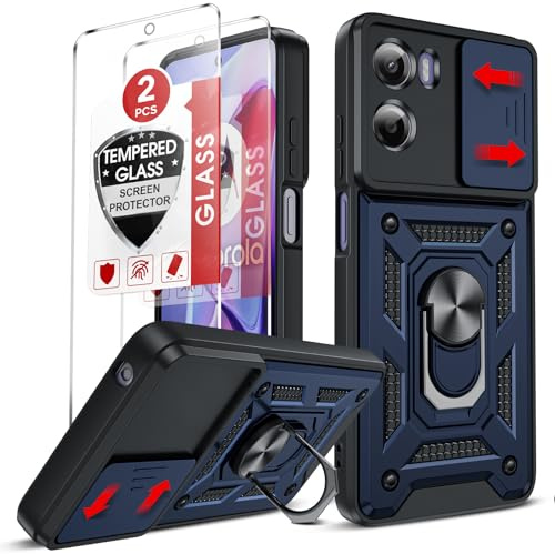 LeYi for Motorola Moto E15 4G/G05 Phone Case with Camera Cover Slider with 2 Tempered Glass Screen Protectors, Ring Stand Holder, Military Protective Armour Rugged Phone Cover for Moto E 15/GO5, Blue