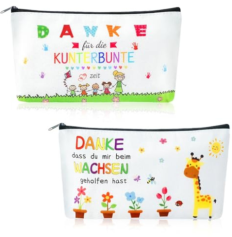 SEPGLITTER Kindergarten Abschiedsgeschenk, 2 Stück Lehrer Leinwand Make Up Taschen mit Dankesworte Federmäppchen Weiß Kosmetiktasche Reißverschluss für Lehrer Erzieher 25 x 13 cm