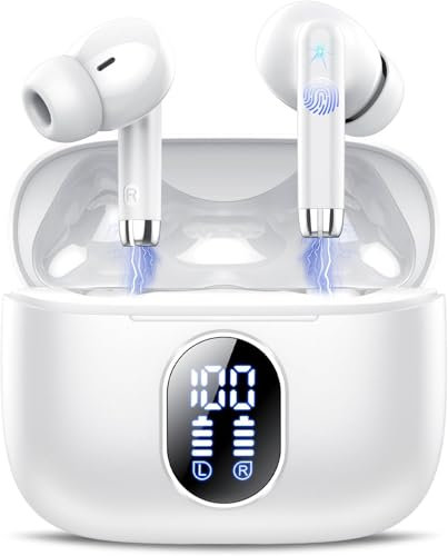 QXQ S26 Auriculares Bluetooth 5.4, 2025 Nuevo Auriculares Inalambricos Hi-Fi Estéreo con 4 ENC Micrófonos, 40 Horas Mini Cascos Inalambricos Bluetooth con Pantalla, Audifonos Blanco para Android iOS