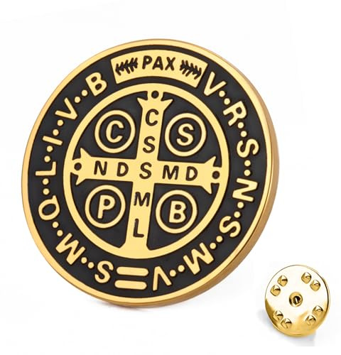 TEAMER St. Benedikt Brosche Edelstahl St. Benedikt Pin Jesus Kreuz Religiöses Katholisches Amulett der Stärke Glaube Schutz Frieden Gebet Schmuck Für Frauen Männer