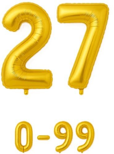 Luftballon 27 Gold | 80 cm Zahlenballon | Folienballon mit Luftröhrchen | Zahlenluftballon für Geburtstag, Jubiläum, Hochzeit, Party & Events | Helium oder Luft | Ballon Zahl | Geburtstagsdeko