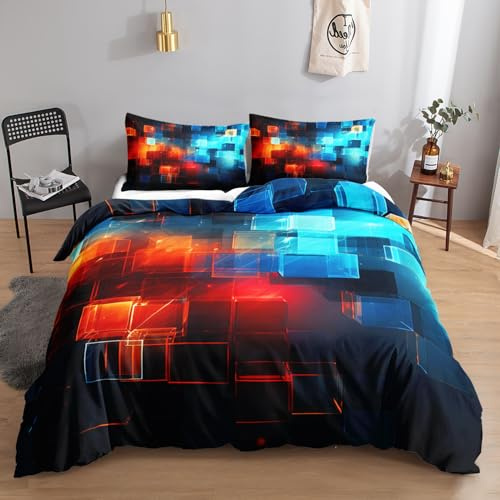 HOSIMA Moderne Geometrie Abstrakte Bettbezug,135 x 200 cm,Schwarze＆Rot＆Blau Geometrische Würfel Bettwäsche,1 Bettbezug,1 Kissenbezug,mit Reißverschluss,geeignet für,Jugendliche und Erwachsene