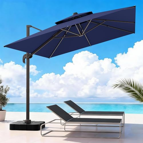 UMBFUN Sonnenschirm 300 x 400 cm mit Fußpedal und Kreuzsockel,Groß Ampelschirm,Kurbel Doppeldach Quadratisch Gartenschirm mit 360° Drehbar für Terrasse,Pool,Outdoor,Balkon Sonnenschutz,Marineblau