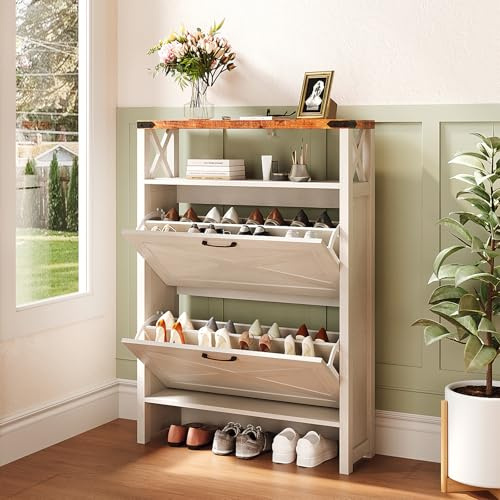 Bonnlo Barn Door Shoe Storage Cabinet, 80cm Wide Shoe Storage & Shoe Cabinet with Shelf, Retro Brown Top & Washed White, 2 Flip-Down Doors