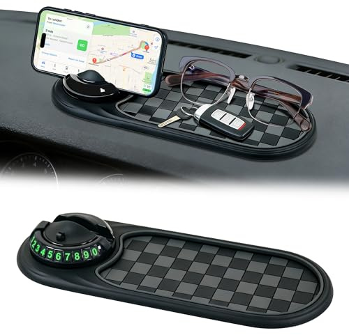 Jasvelly Multifunktionale Auto Handyhalterung, 360° Drehbar Anti Rutsch Armaturenbrett Matte aus ABS und TPU mit Parknummer Autodekorationen Universell Passend für PKW, SUV, Wohnmobil