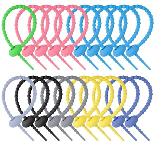 20 Pcs Colorful Silicone Cable Ties, Reusable Zip Ties Adjustable | Multi Purpose Twist Ties for Cord Management, Bag Seal Clips, Bread Tie, Elastic Straps Organizer for Home Office