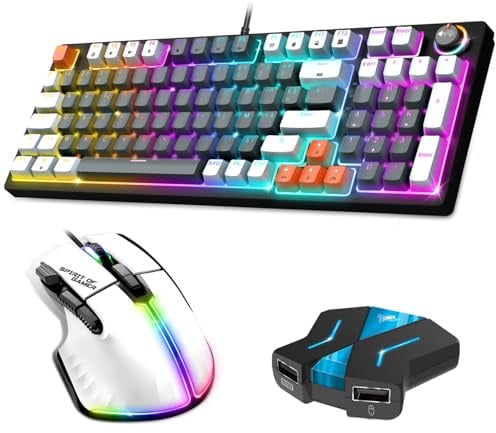 Spirit of Gamer, Pack Clavier Souris Gamer Filaire RGB + Convertisseur Mannette PS4/PS3/Switch 1 & 2, Clavier Mécanique AZERTY 97 Touches à Switch Marron, Souris 12800 DPI avec 8 Boutons Programmables