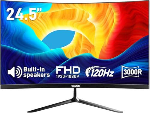Gawfolk 24.5 inch PC Screen, Curved(3000R) 120hz Gaming Monitor with Built-in Speakers FHD 1080p 1ms Bezel-less, 98% sRGB, 178° Wide Angle, HDMI、VGA, Compatible with Wall Mounted VESA 75*75MM - Black