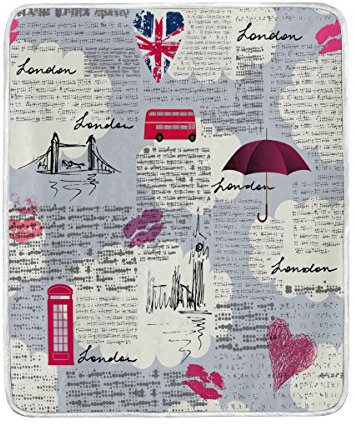Use7 Wohnkultur Vintage Zeitung London Union Jack Lippen Decke Weiche Warme Decken für Bett Couch Sofa Leicht Reisen Camping 127 cm x 152,4 cm Überwurf Größe für Kinder Jungen Frauen