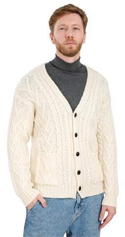 SAOL Men's Aran Irish Cable Knit Cardigan Made of 100% Merino Wool with V-Neck and Buttons and Pockets