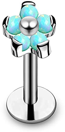 Monster Piercing G23 Grade Titan 5 Light Blue Opals Ball Flower Innengewinde mit 16 Gauge - 8MM L?nge Madonna Lip Labret Schmuck